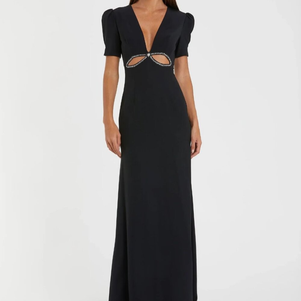 Mac Duggal Black Plunge Neck Puff Sleeve Cut Out Gown - Size 10 - NWT